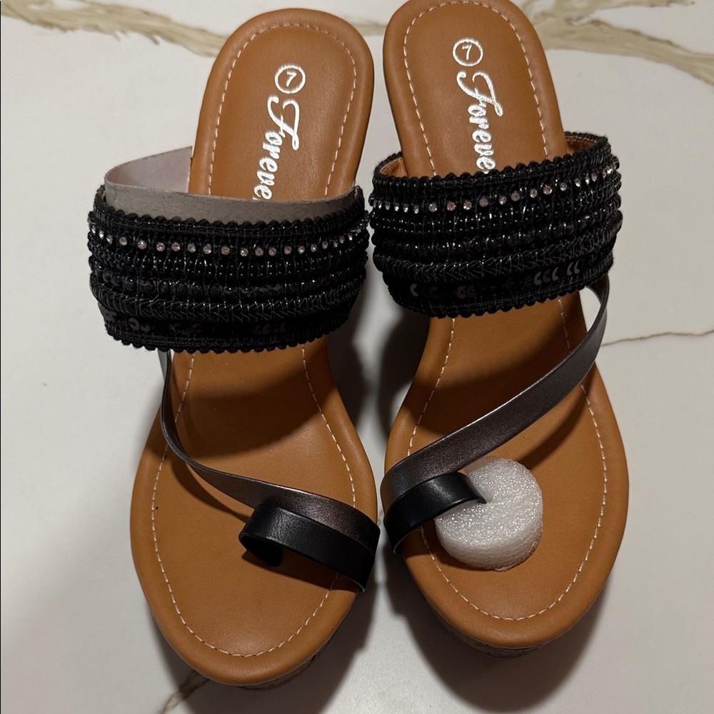 Forever Black and Tan Beaded Sandals